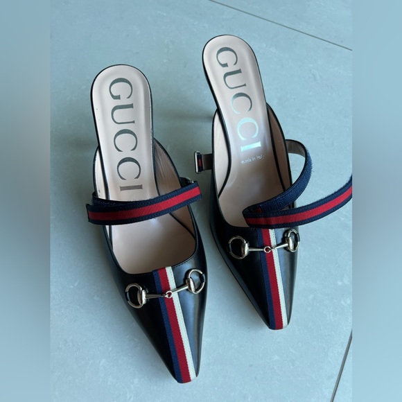 GUCCI Women's Signature Web Strap Horsebit High-Heel Leather Mules Black 39 NEW - Picture 3 of 14
